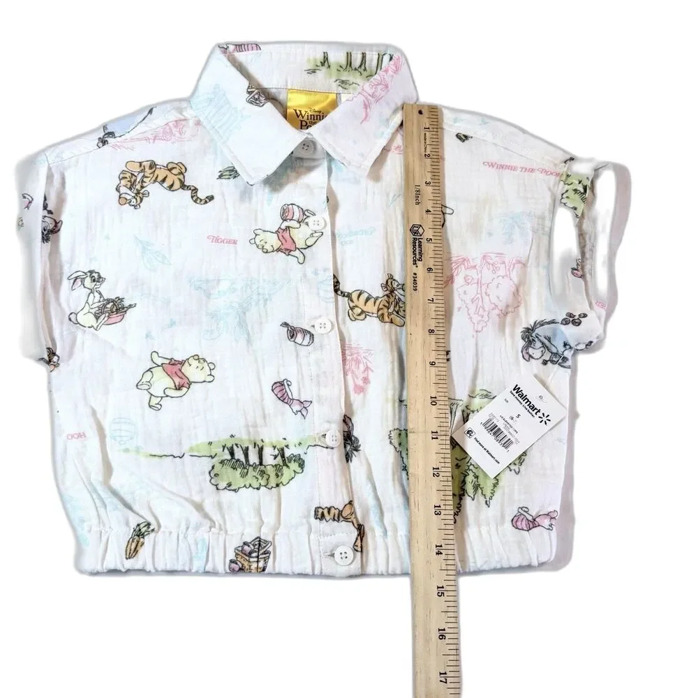 Disney Winnie The Pooh Girls Crop Top Blouse Button Down Short Sleeve Size S NWT